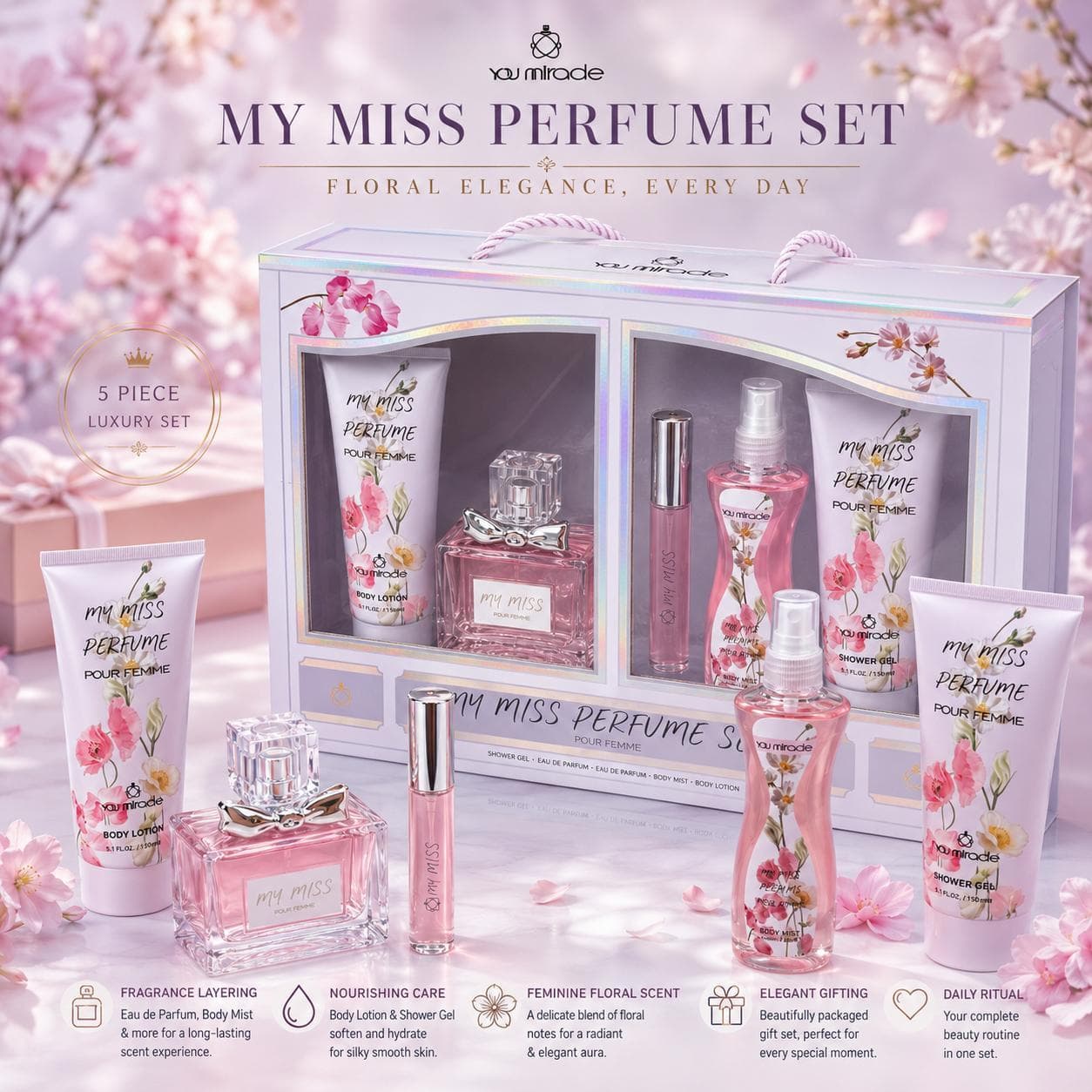 YOU MIRACLE YM7867 طقم عطور بعلبة بيضاء بنقوش زهرية
