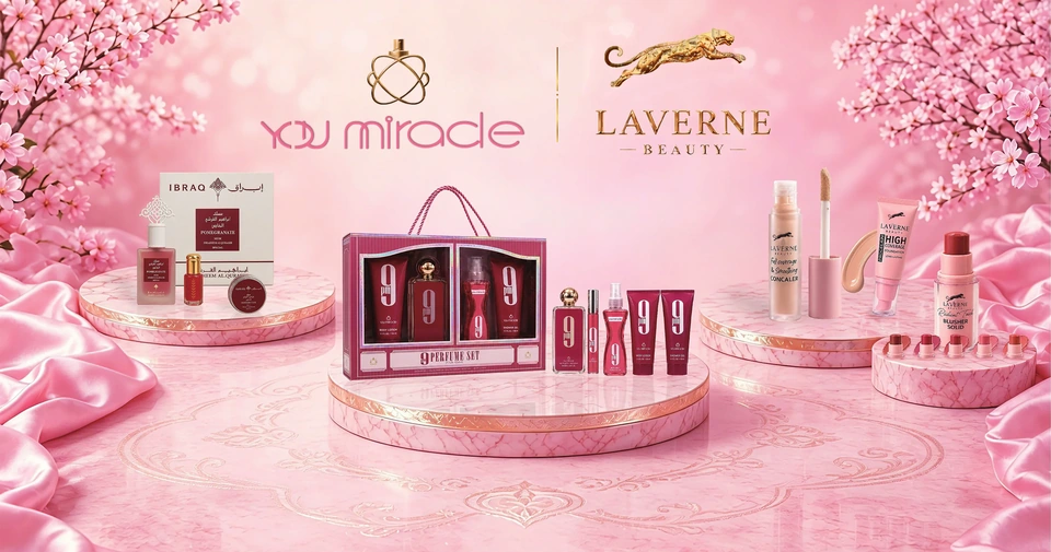 YOU MIRACLE and LAVERNE BEAUTY products displayed on a pink retail beauty stage